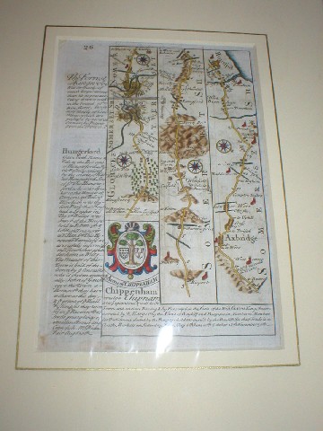 Image for Miniature Original Antique engraved map: strip road map of GLOCESTERSHIRE / SOMERSETSHIRE/ WILTSHIRE: strip road map on both sides: Marlborough - Chippenham - Calne - Marshfield - Bristol - Axbridge - Huntspil. ( Gloucestershire) From: BRITANNIA DEPICTA.