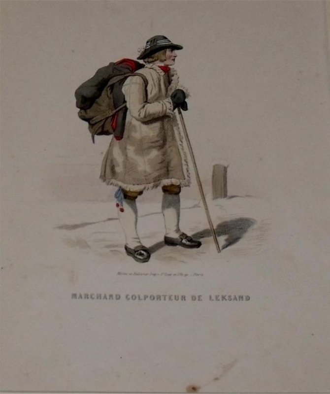 Image for Attractive original engraving of Marchand Colporteur de Leksand. A Merchant Peddler from Leksand.