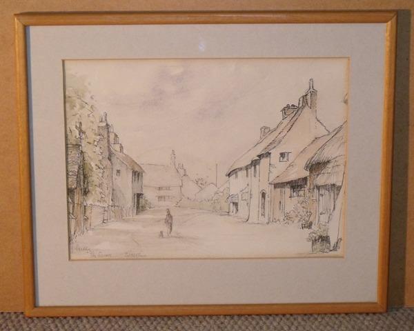 Image for ‘The Square’ Puddletown. Original line-wash painting.