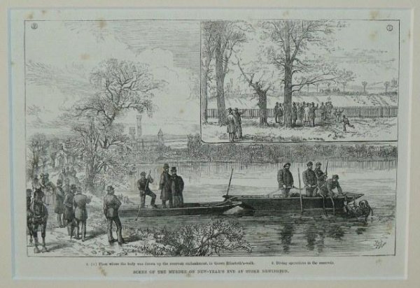 Image for Scene Of The Murder On New-Year’s Eve At Stoke Newington 1. Place where the body was drawn up the reservoir embankment, in Queen Elizabeth’s-walk. 2. Diving operations int the reservoir.