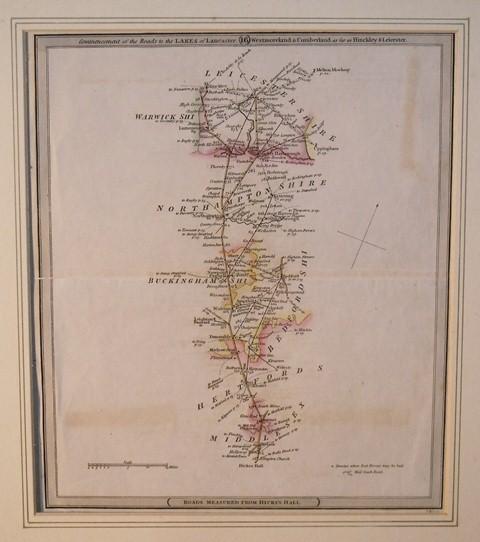 Image for Original Engraved Map of the Road to the Lake of Lancster, Westmoreland, & Cumberland, as far as Hinckley & Leicester. ROADS MEASURED FROM HICKS'S HALL.