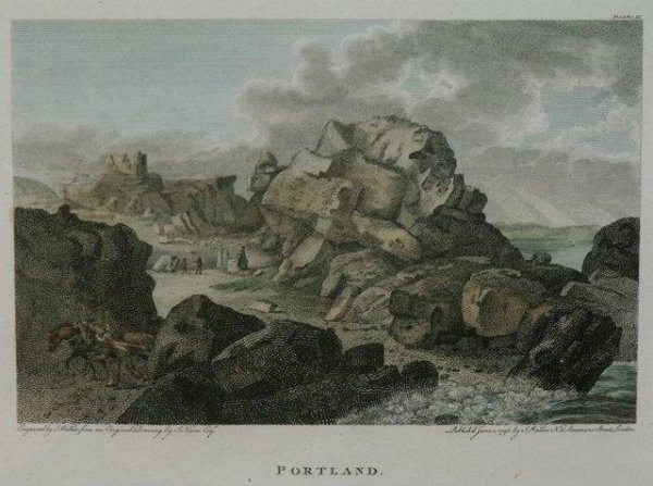 Image for Portland. Engraved view of Portland with Rufus castle in background. Published June 15 1796 by J.Walker 16 Rosomans Street London.