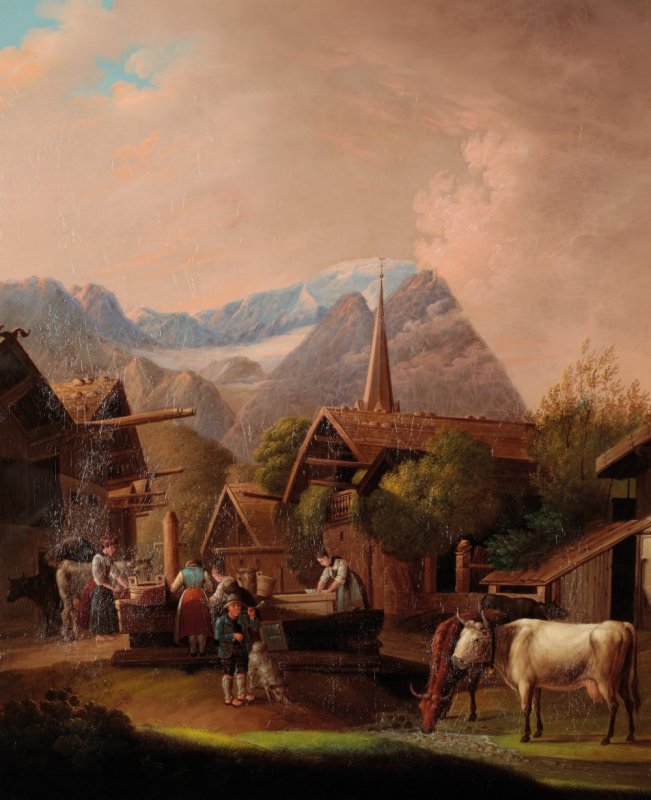 Image for Original Period Early 19th Century Oil on Board Painting An Alpine scene with figures and animals gathered around the town pump, mountains beyond