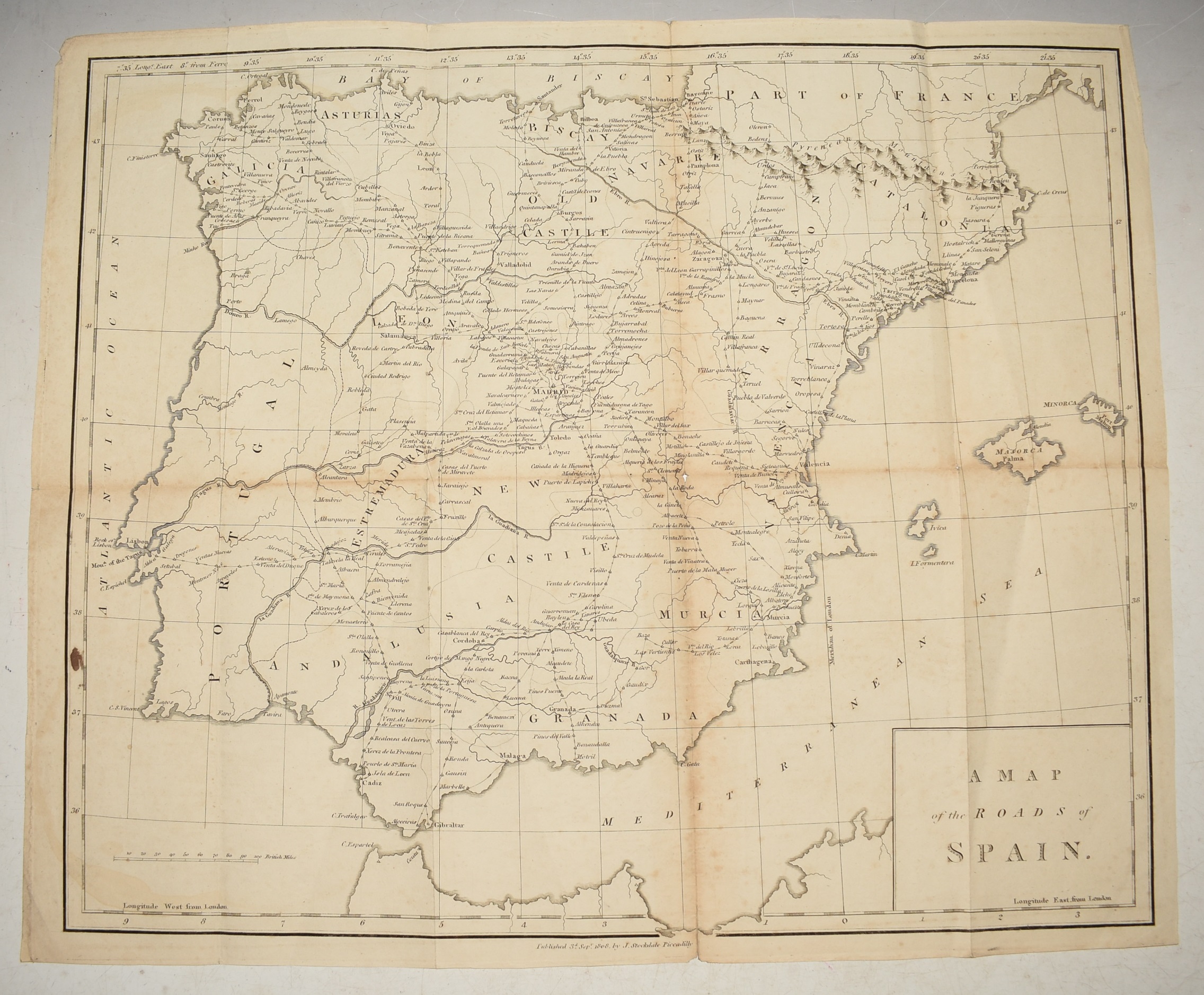 Engraved Original Antique Map of the Roads of Spain